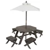 Table En Bois Avec Tabourets Et Parasol