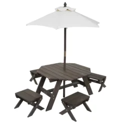 Table En Bois Avec Tabourets Et Parasol