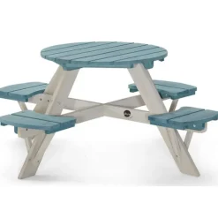 Table Ronde Avec Sieges Bleus En Bois